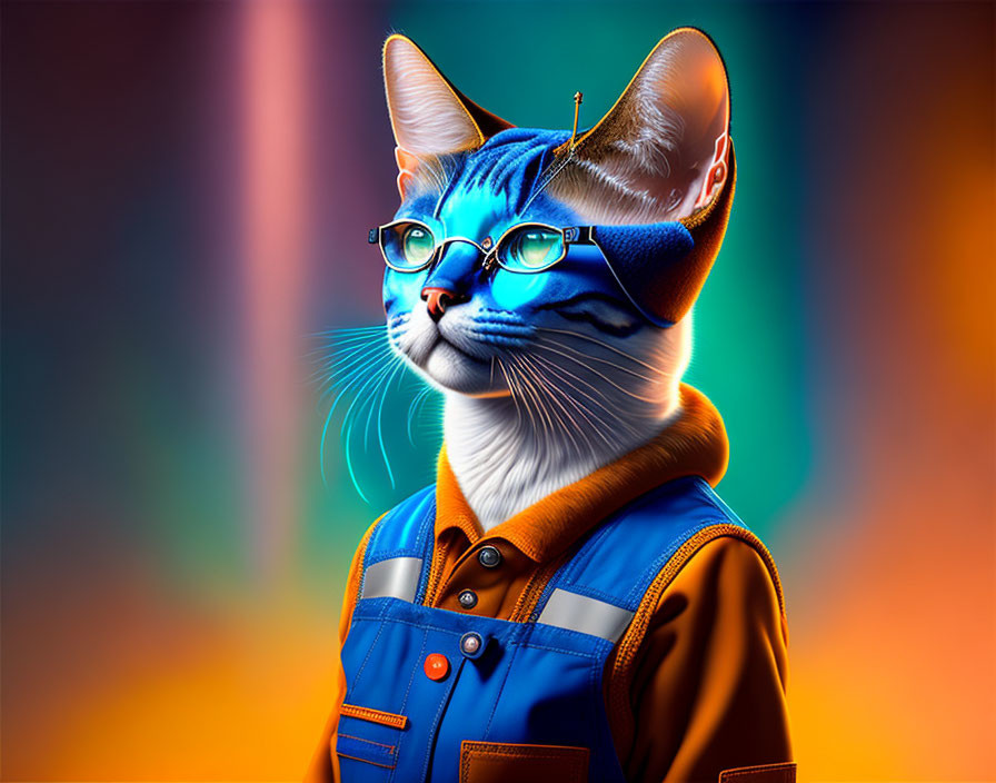 Stylized cat with human-like features in glasses and colorful outfit on vibrant background