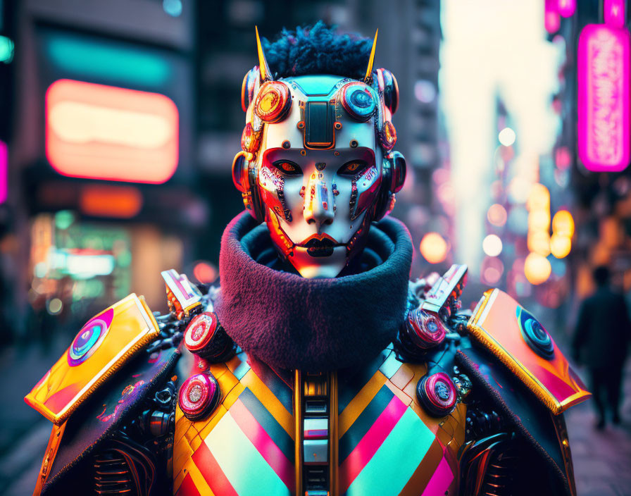 Colorful humanoid robot in futuristic cityscape at dusk.