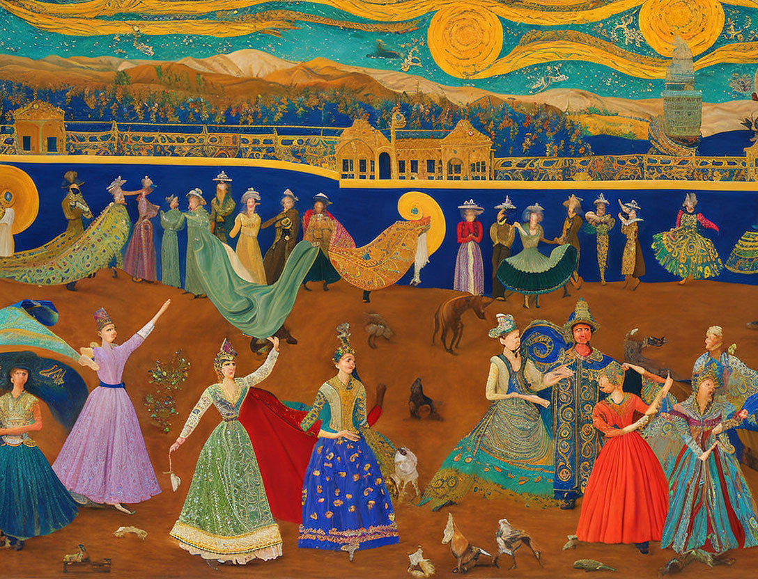 Colorful painting of fantastical procession with elegant figures and mythical creatures