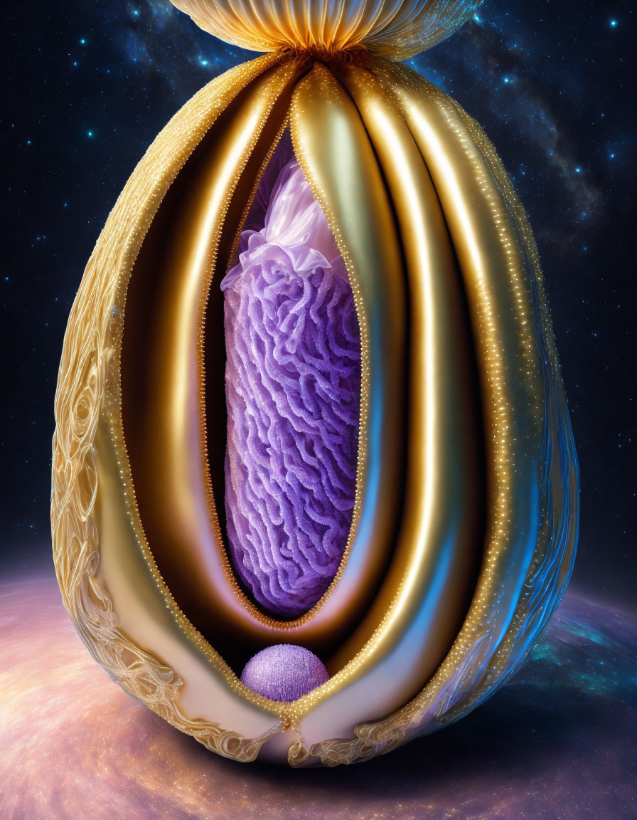 Purple ornate candle-like object in golden egg-shaped structure against cosmic starry backdrop