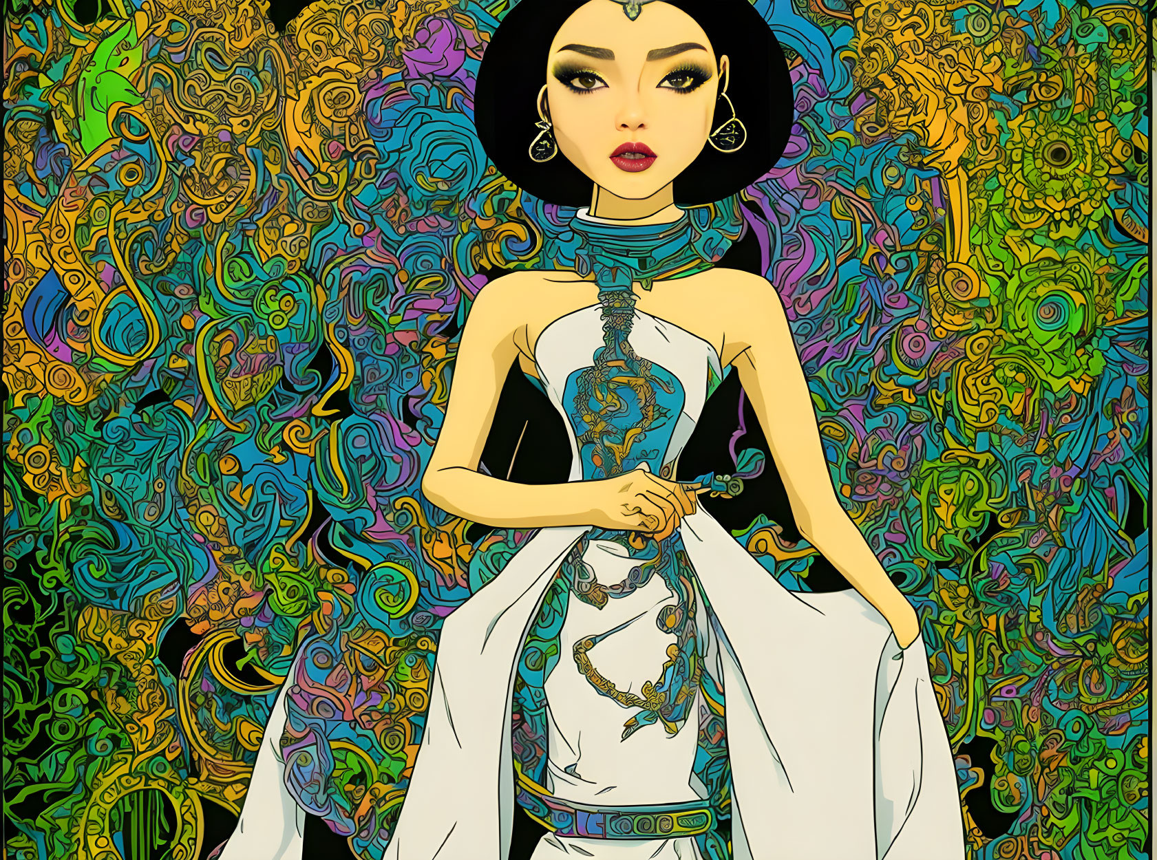 Stylized woman with black hair and bold makeup in traditional attire on colorful, psychedelic background