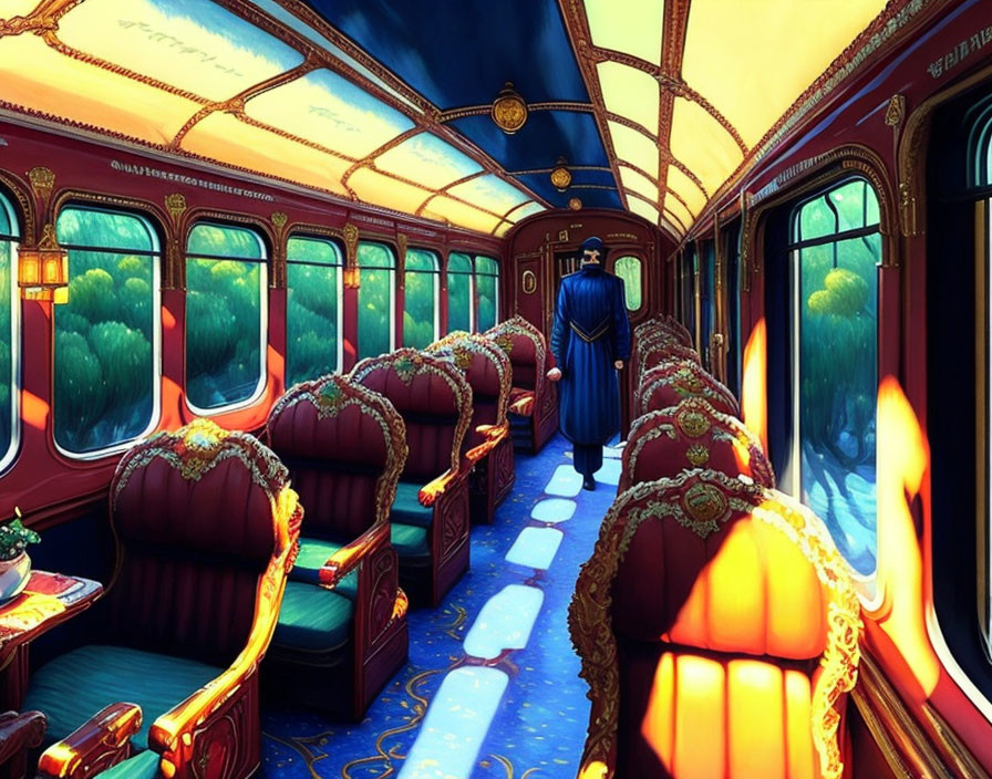 Luxurious Vintage Train Interior with Plush Red Seating