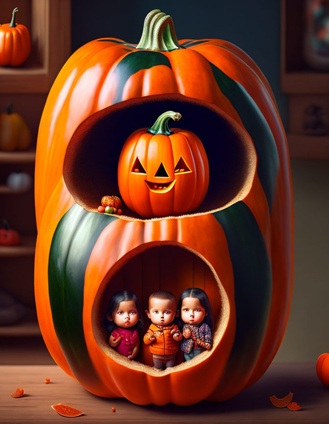 Whimsical image of stacked pumpkin house with smiling pumpkin and dolls