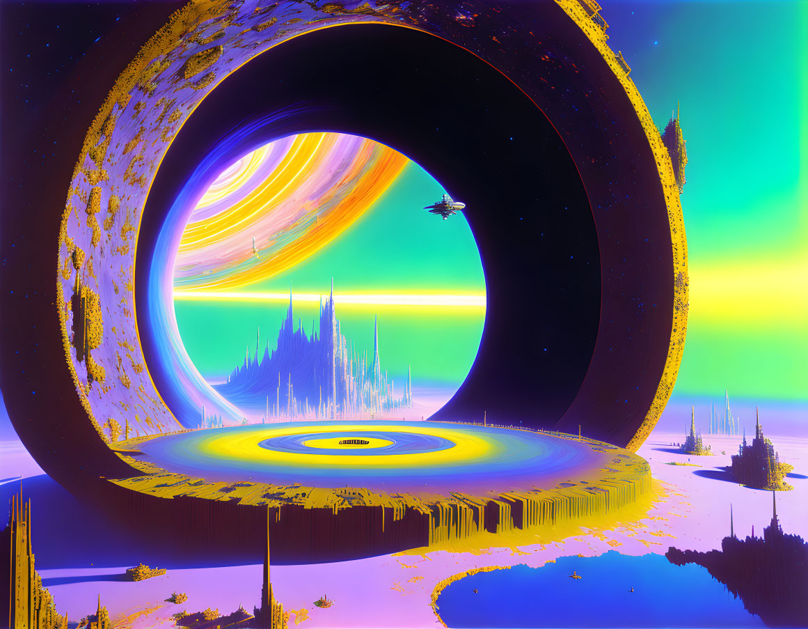 Colorful sci-fi landscape with ring structure, spaceship, and planet horizon