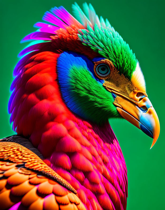 Colorful Bird Image with Digitally Altered Feathers on Green Background