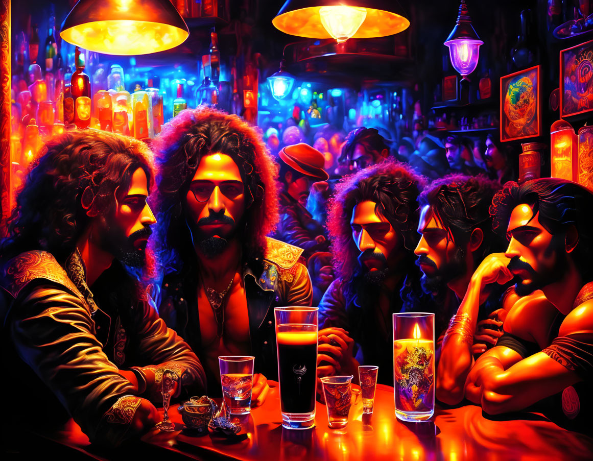 Vibrant illustration of men at a colorful bar