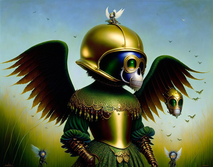 Illustration of humanoid figure in green armor with wings, surrounded by flying masks and birds