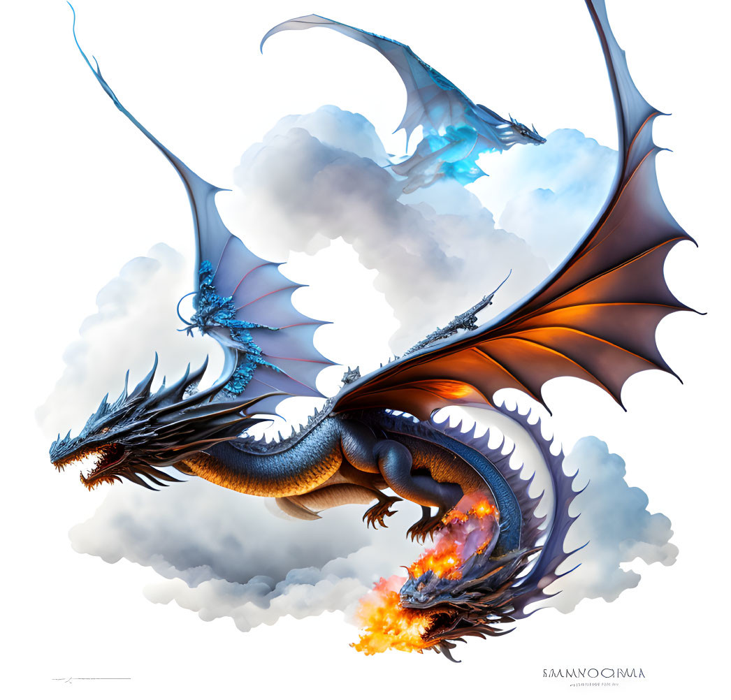 Majestic blue and orange dragon breathing fire in flight with smaller dragons.