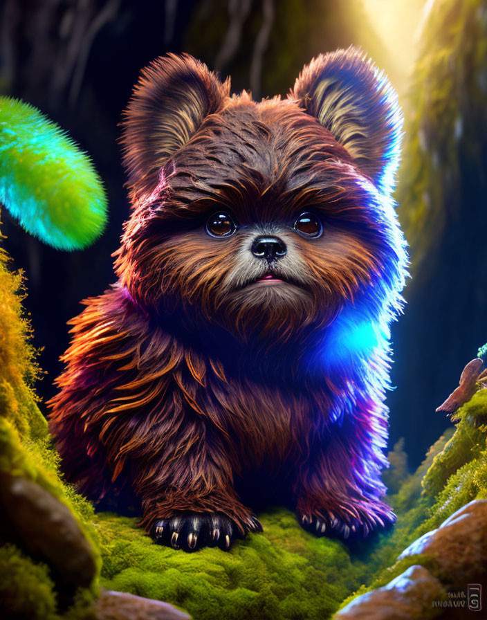 Fluffy fantasy creature with big eyes in mystical forest