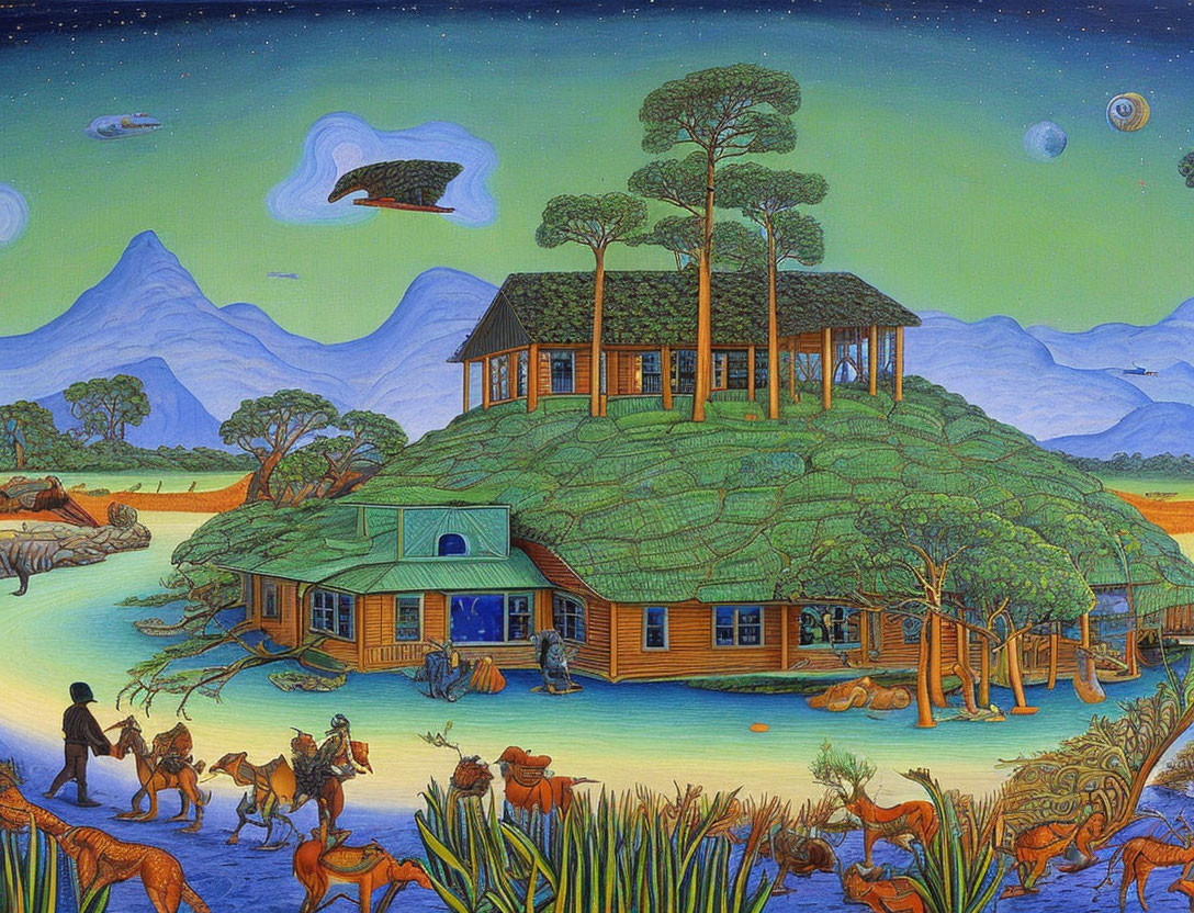 Surreal landscape painting with house on tree-crowned hill, cowboys, wildlife, and celestial