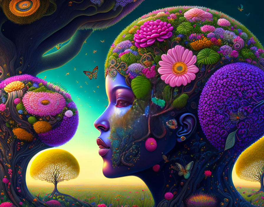 Colorful female figure with floral head in cosmic scene.