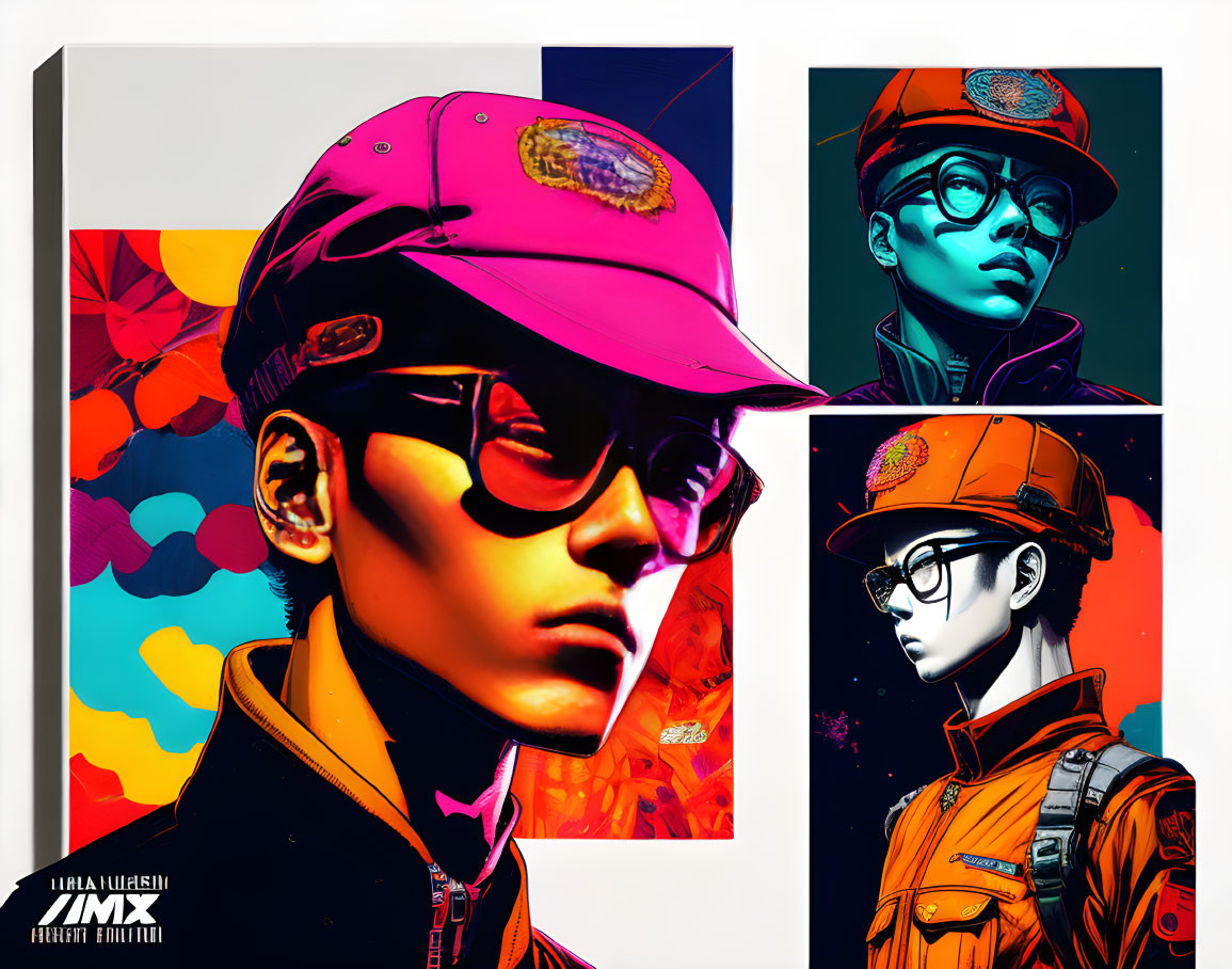 Stylized Digital Portraits: Sunglasses & Cap, Vibrant Colors, Floral Elements