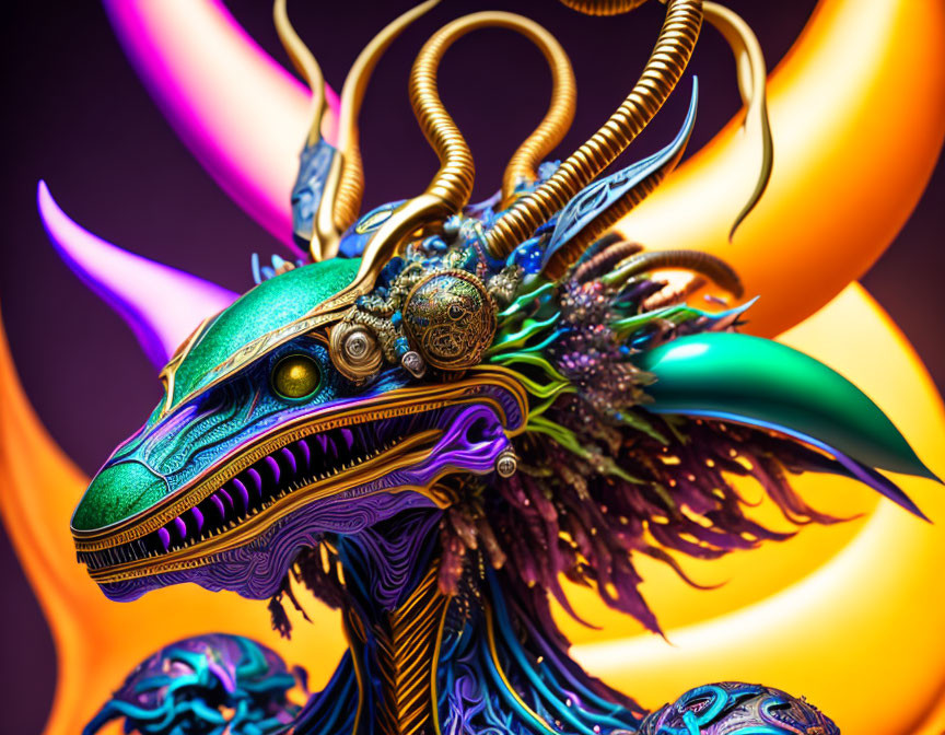 Colorful Stylized Dragon Art Against Fiery Background