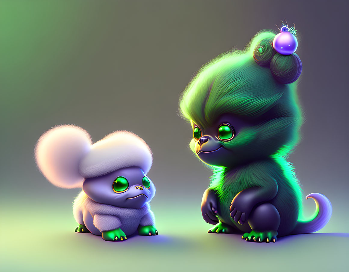 Stylized creature characters: Cute, fluffy fur, large green eyes