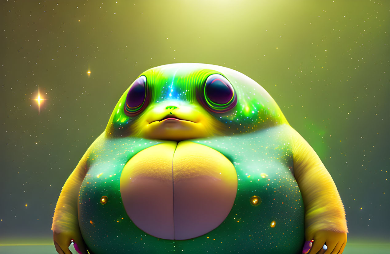 Large Green Frog-Like Creature with Expressive Eyes on Starry Background