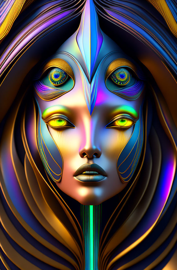 Surreal portrait featuring humanoid figure with golden skin and peacock feather-like eyes.