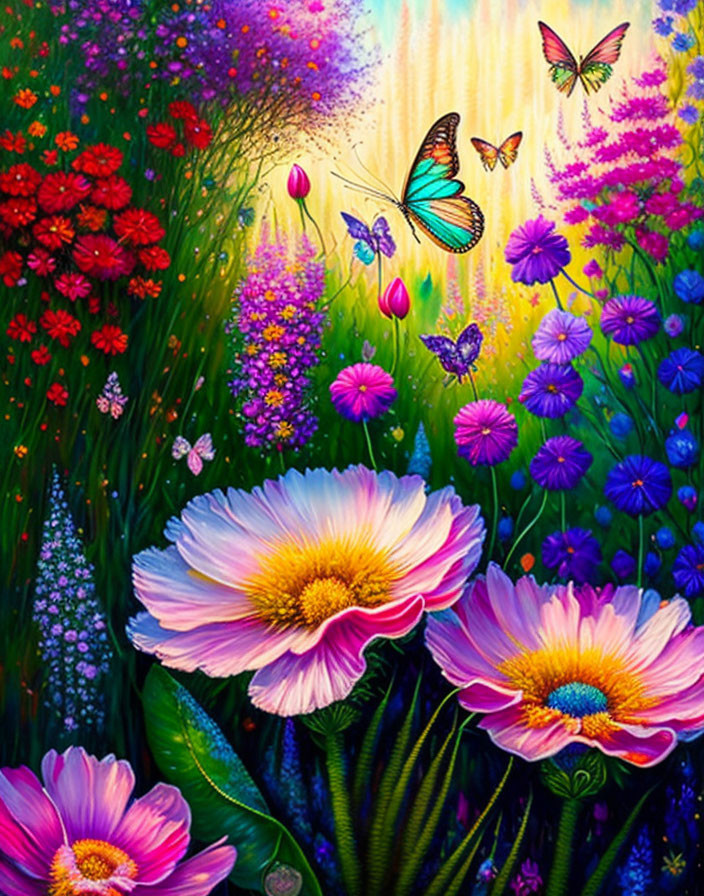 Colorful Flowers and Butterflies in Warm Garden Glow