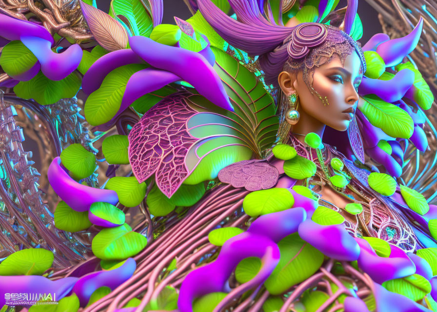 Vibrant digital artwork of woman with intricate jewelry in purple and green flora