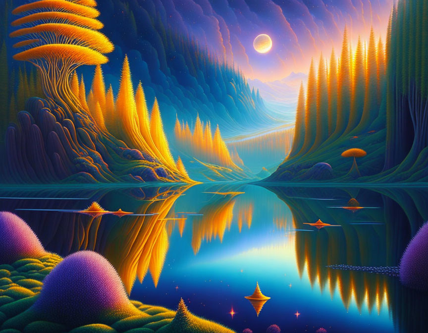 Surreal moonlit landscape with luminescent trees and reflective lake