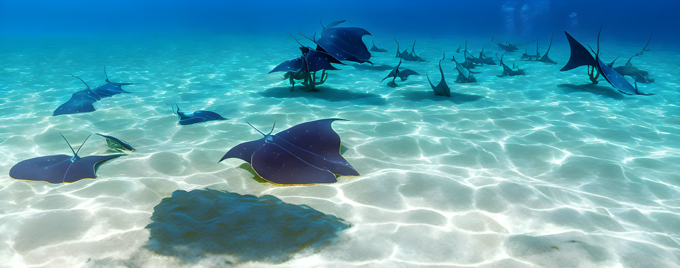 Marine life: Stingrays and fish in clear blue ocean water