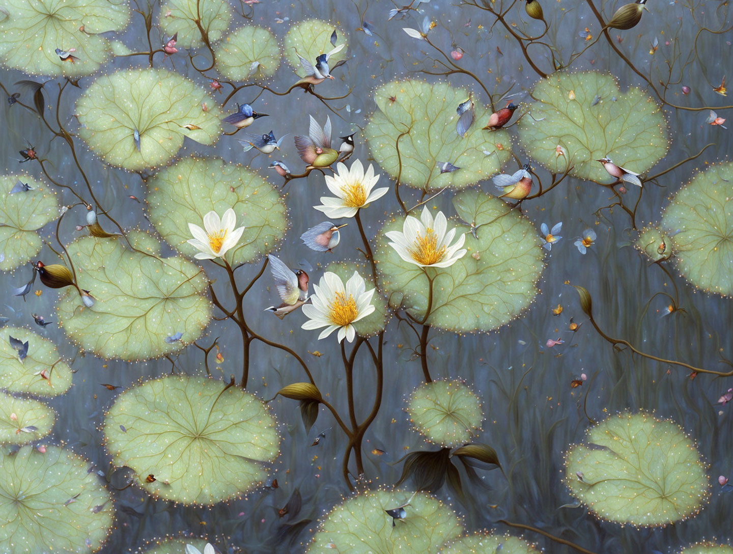 Tranquil pond with white lotus flowers, lily pads, and swimming fish