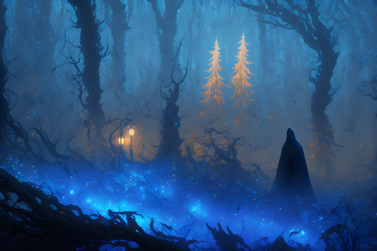 Cloaked figure in ethereal forest with glowing blue flora and twisted trees