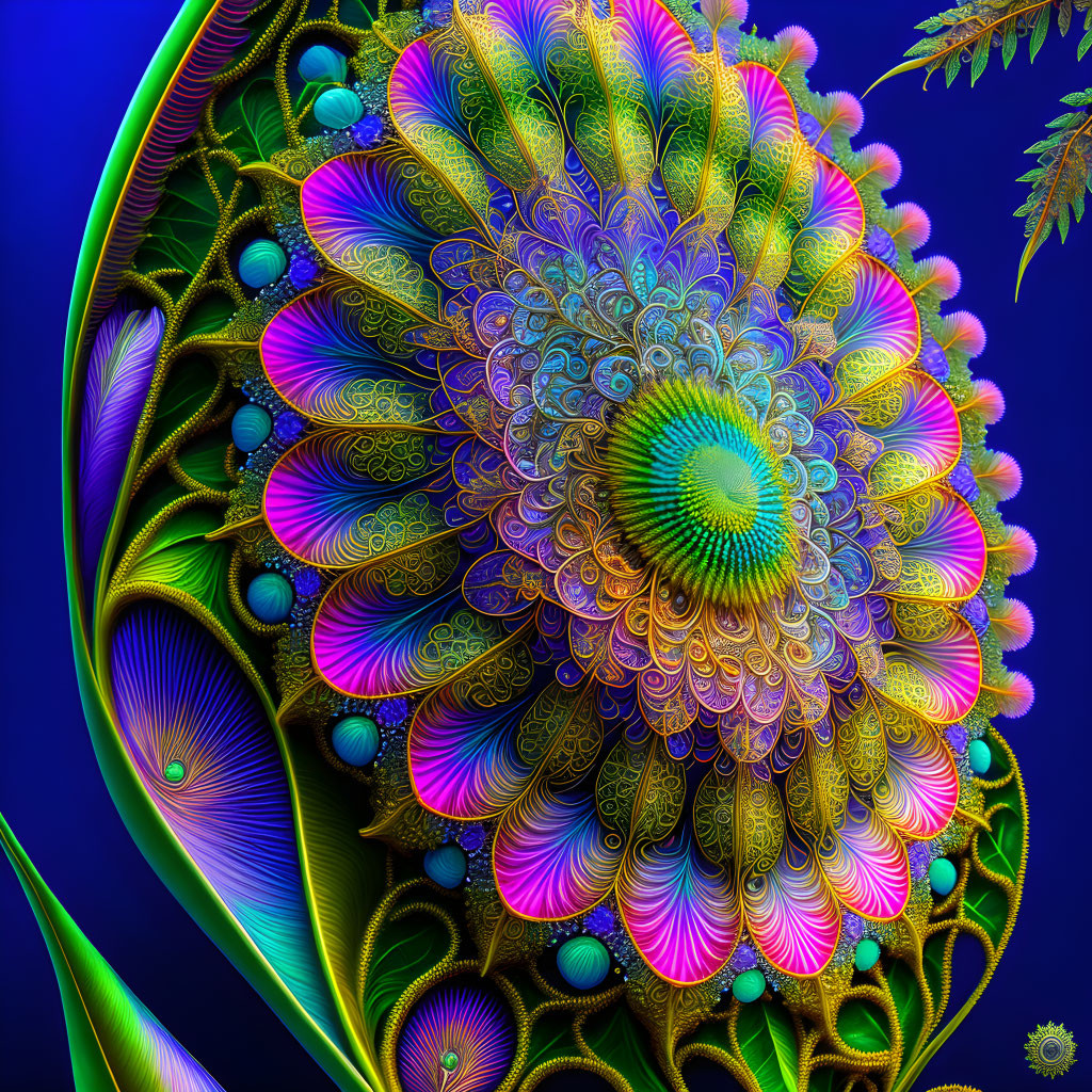 Colorful Fractal Floral and Peacock Feather Patterns on Dark Background