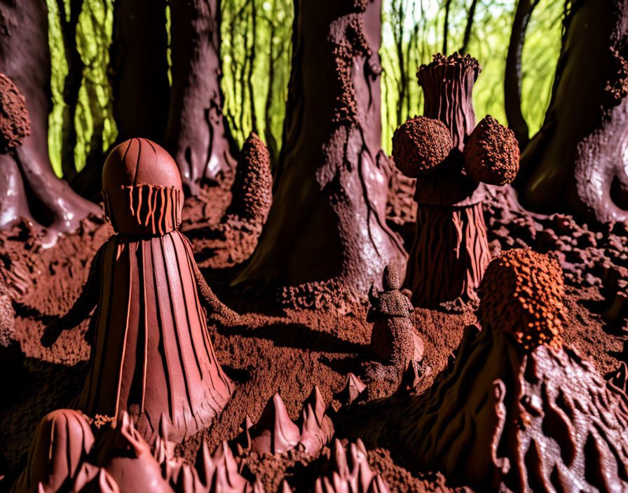 Detailed Chocolate Forest Scene with Trees, Mushrooms, and Plants