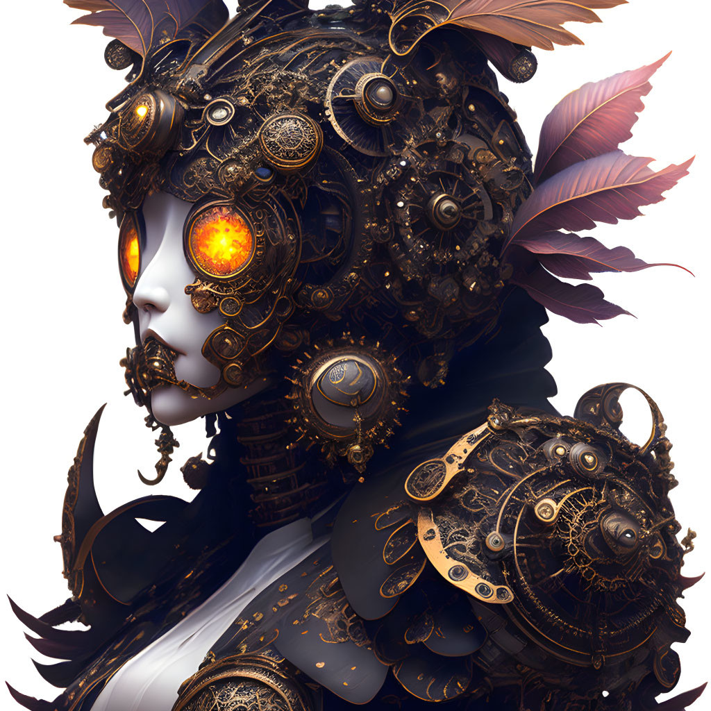 Steampunk-inspired female portrait with bronze gears and glowing eye