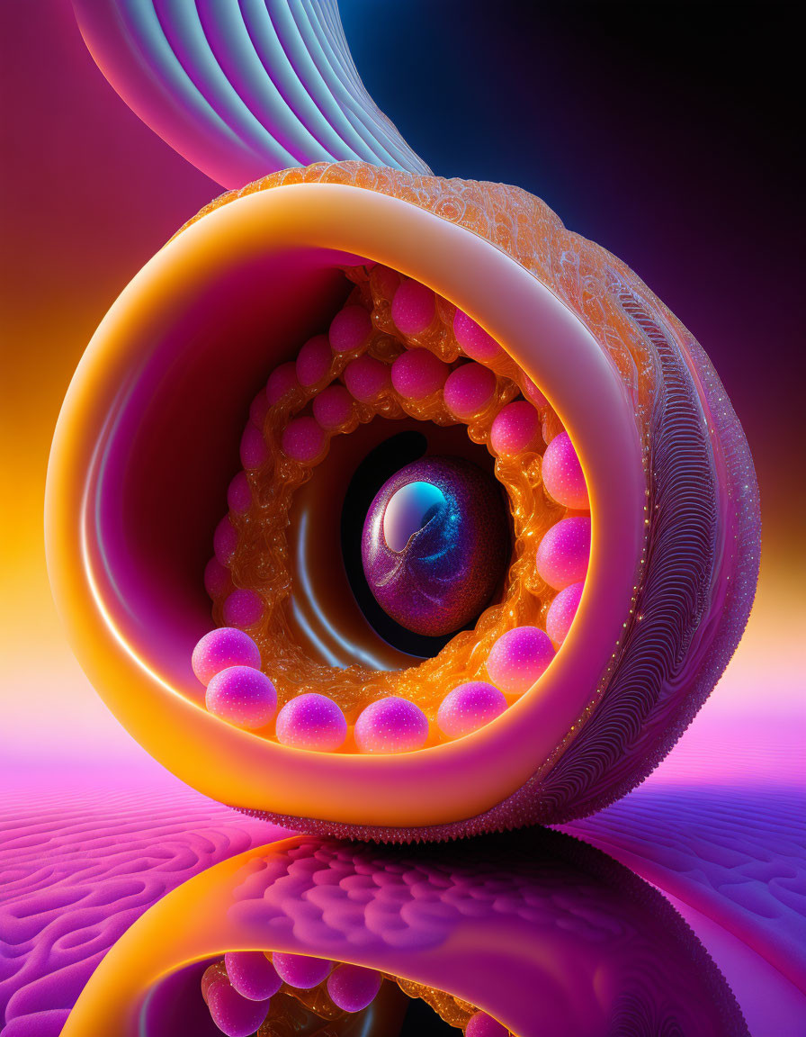 Colorful 3D abstract with spiral structure and reflective sphere