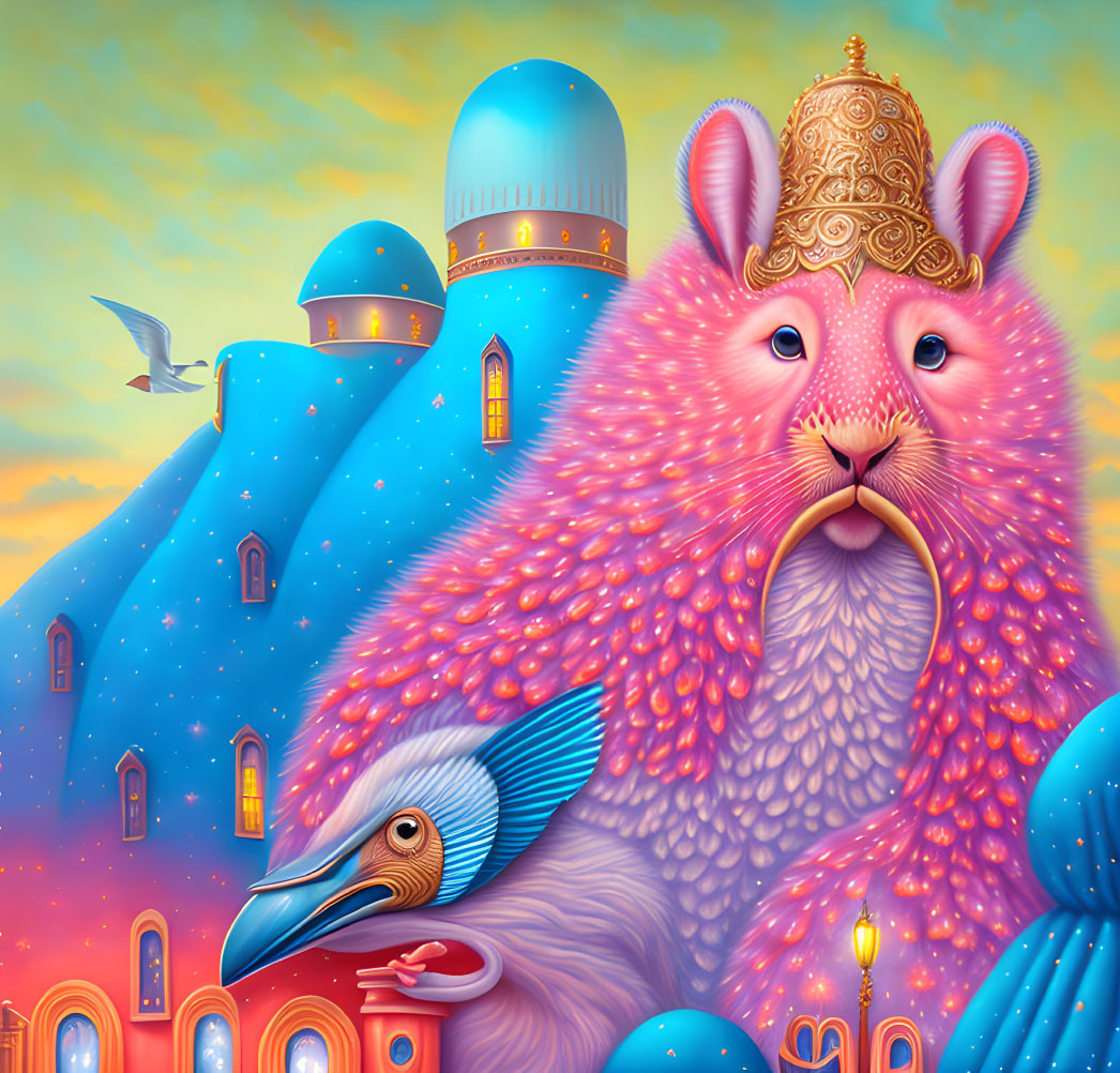 Whimsical giant mouse with crown and bird in fantasy setting