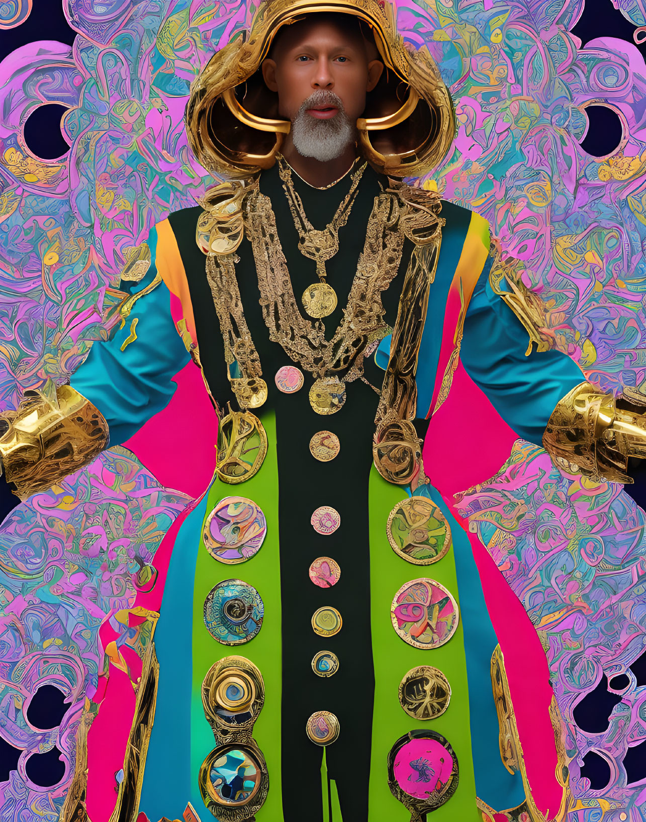 Bearded person in colorful costume with golden decorations on psychedelic background