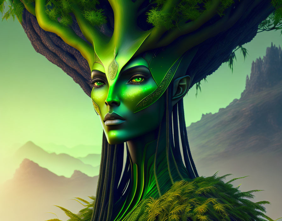 Green-skinned female entity with tree-like features and golden markings in misty mountain setting