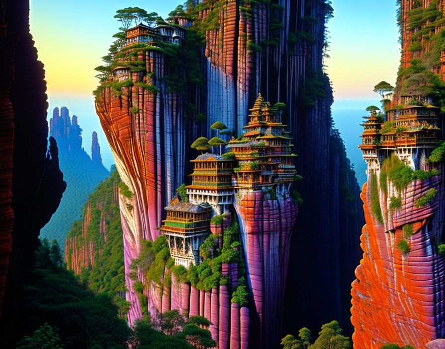 Mystical landscape with towering rock formations and pagodas amidst lush trees