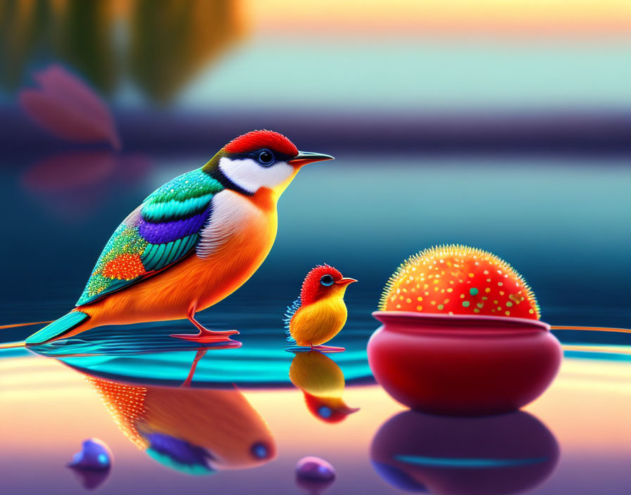 Colorful Birds and Luminescent Orb in Twilight Setting