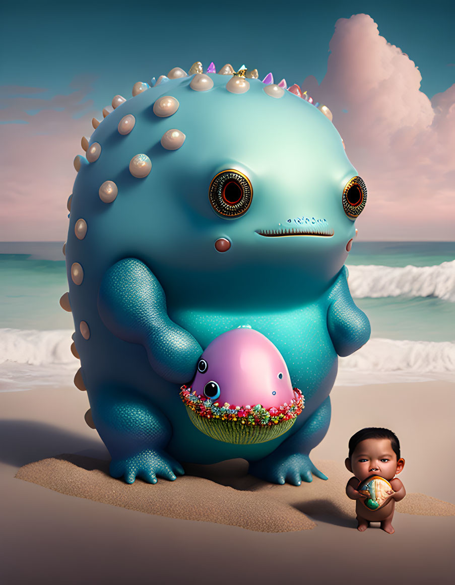 Colorful Illustration: Blue Creature with Spikes and Eyes Holding Pink Egg beside Child at Beach