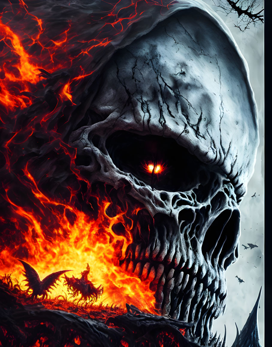 Fantastical image of giant skull in fiery lava with winged creatures.