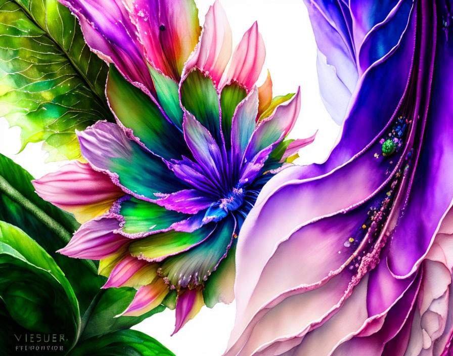 Abstract floral art with vibrant purple, pink, green, and blue hues