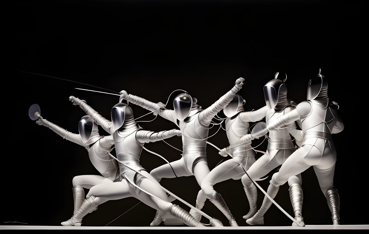 Five fencers in white suits and masks duel with foils on dark background