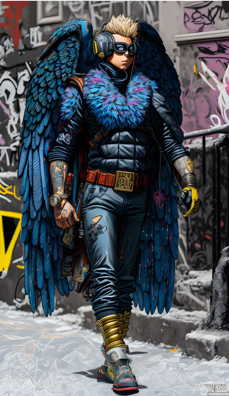 Detailed illustration of person with blue wings, aviator goggles, fur jacket, headphones, tattooed arm