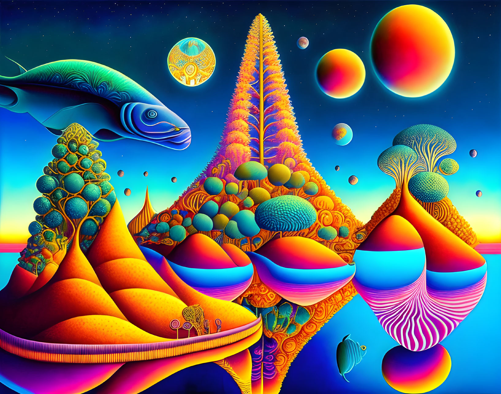 Colorful Surreal Landscape with Fish-Like Creatures and Floating Orbs