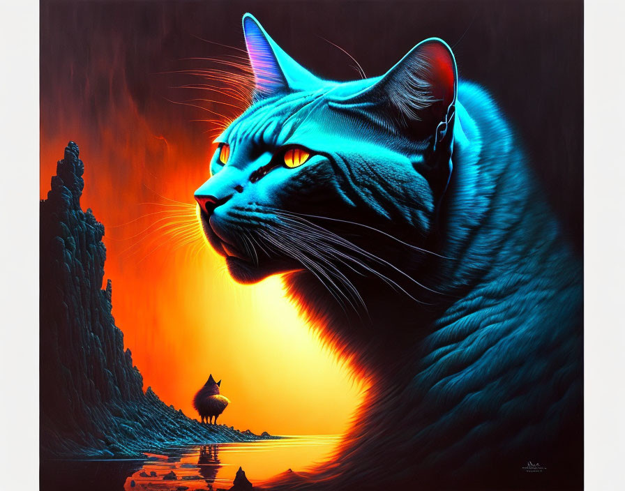 Colossal blue cat with glowing eyes in fiery red landscape