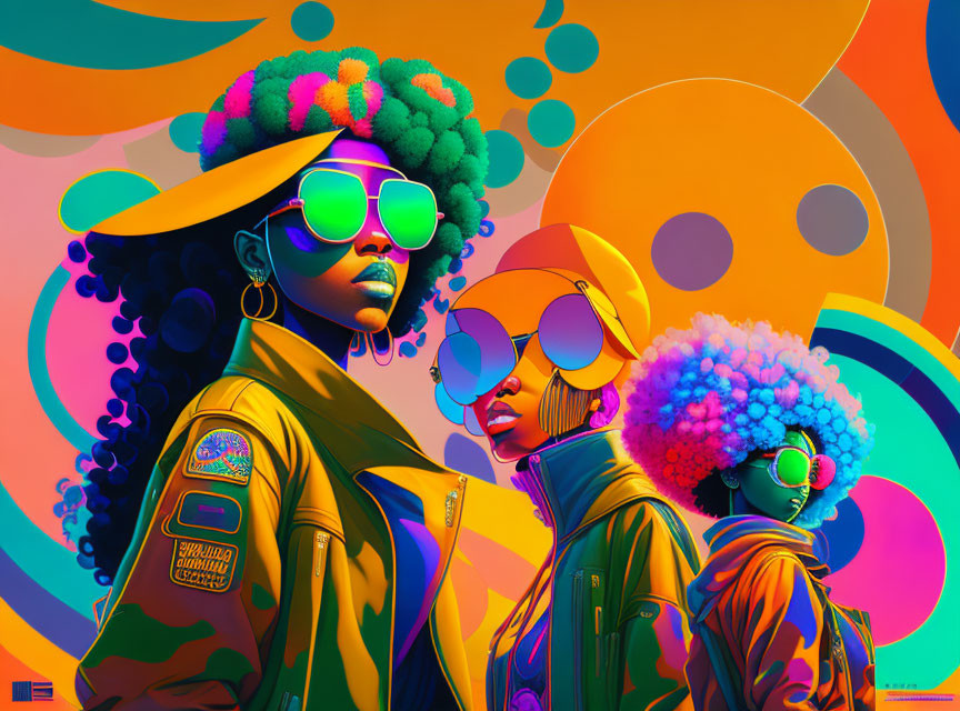 Stylized women with afros in sunglasses and bomber jackets on colorful backdrop