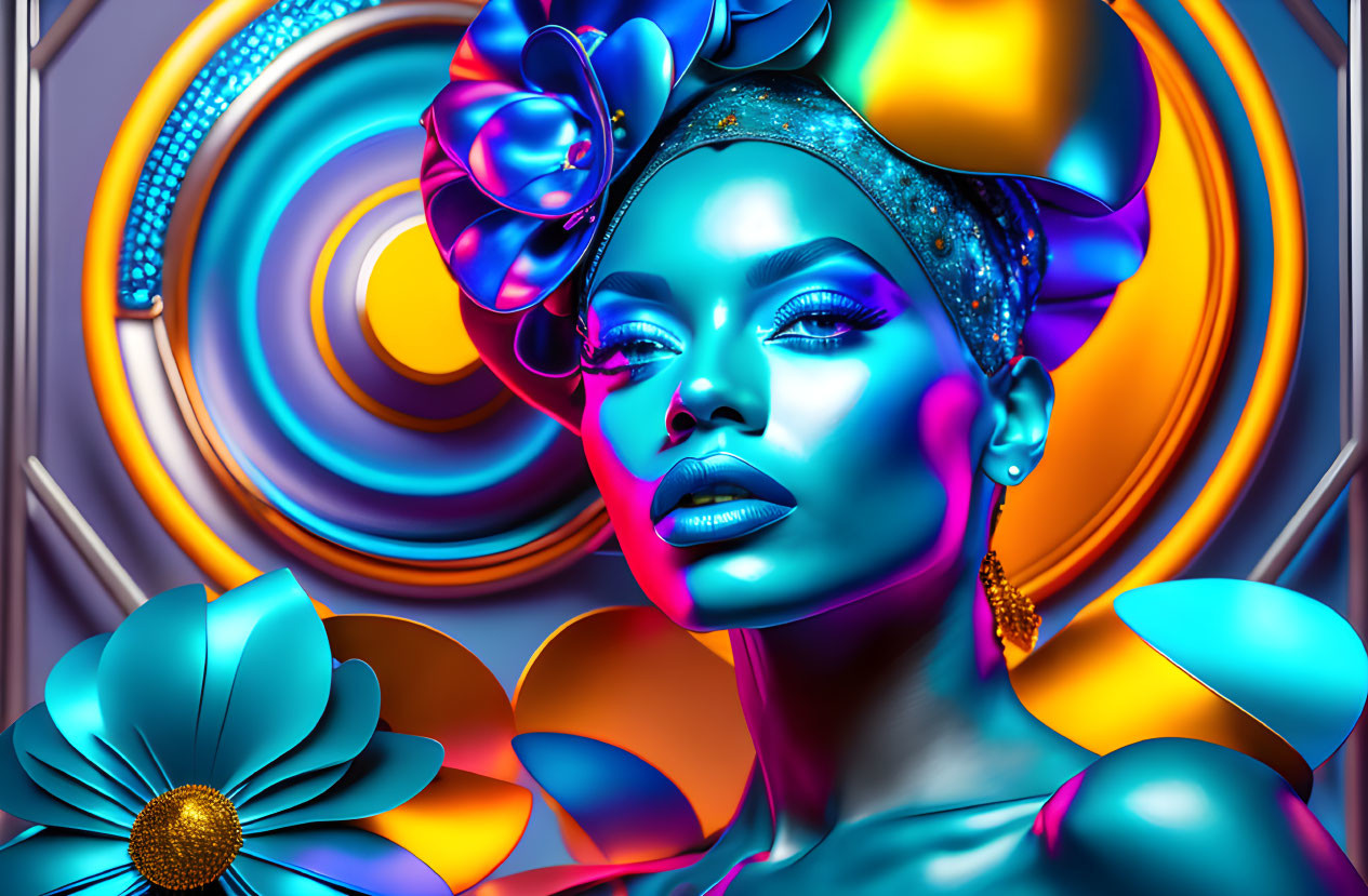 Colorful digital artwork: Woman with blue skin, adorned with flowers and jewelry