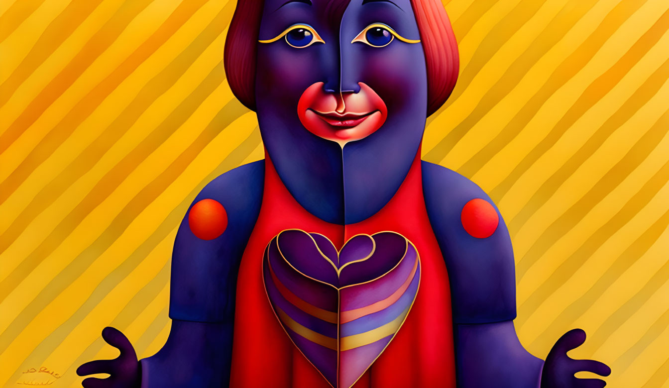 Colorful stylized figure with blue skin and red details on whimsical yellow-striped background.