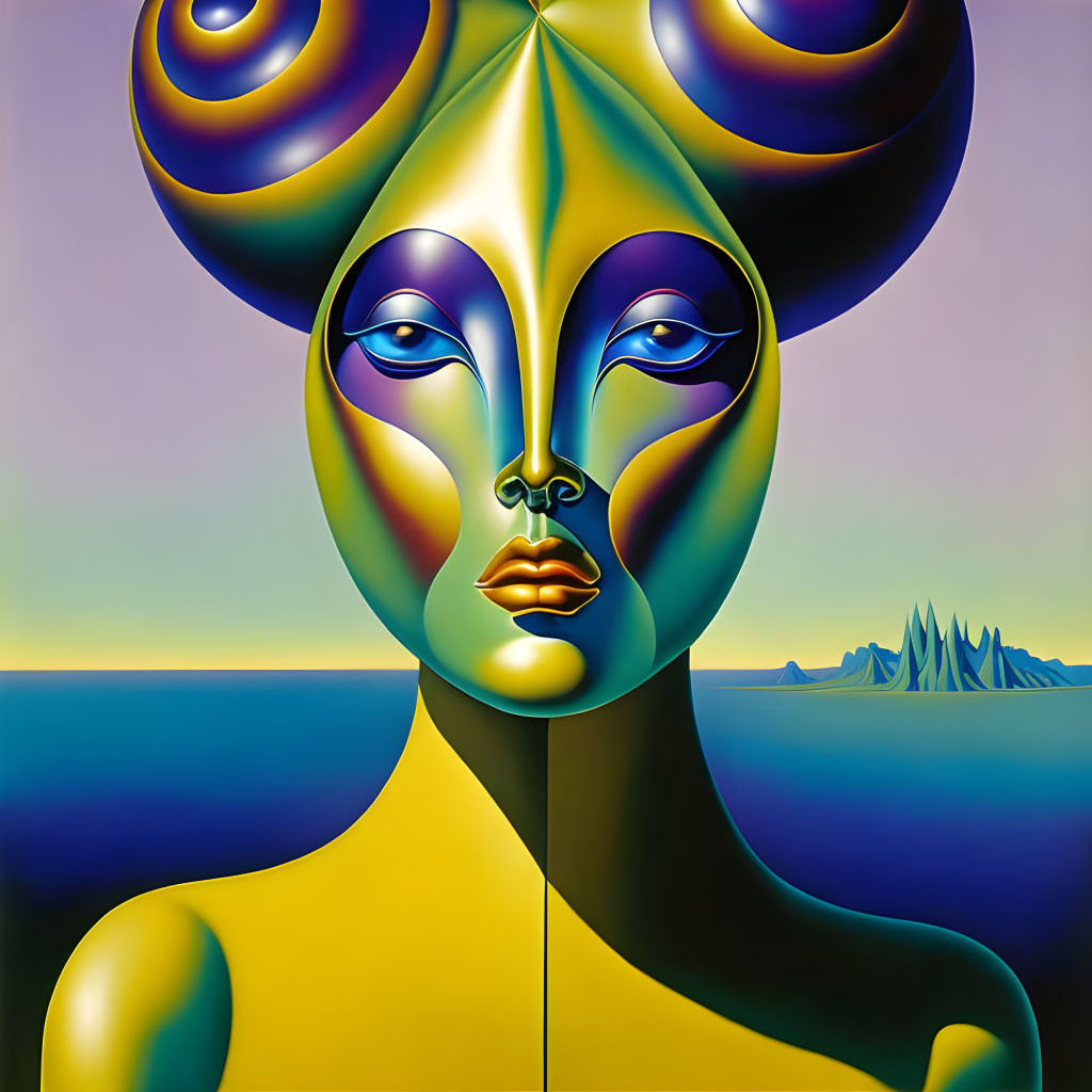 Surrealist portrait with exaggerated features against ocean and mountain backdrop