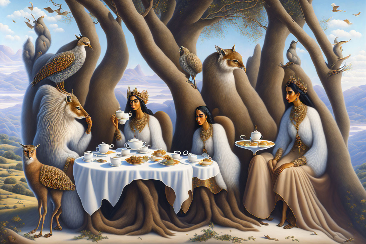 Surreal painting of women with animal traits serving tea in forest with deer, peacocks,