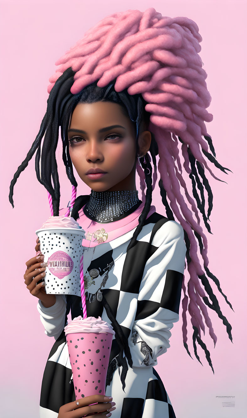 Digital Artwork: Woman with Pink and Black Dreadlocks, Polka-Dotted Cup, Checkered