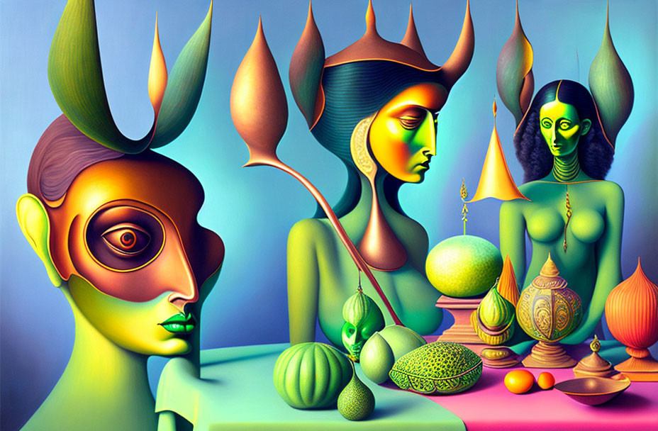 Surreal artwork with green-skinned figures and exotic elements