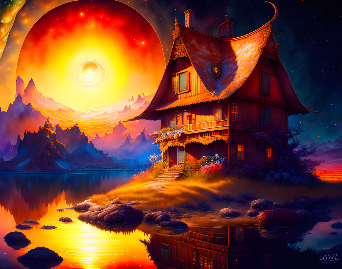 Fantasy illustration of two-story house by lake with giant red sun setting behind mountains